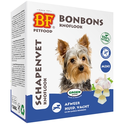 BF PETFOOD Schapenvet Mini Bonbons Knoflook Ondersteunt weerstand & huid, afwerend tegen vlo/teek, natuurlijke toevoeging - 80 st